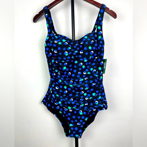 Seekers Australia Black Shaping Blue Green Polka Dot One Piece Bathing Suit - Picture 1 of 8